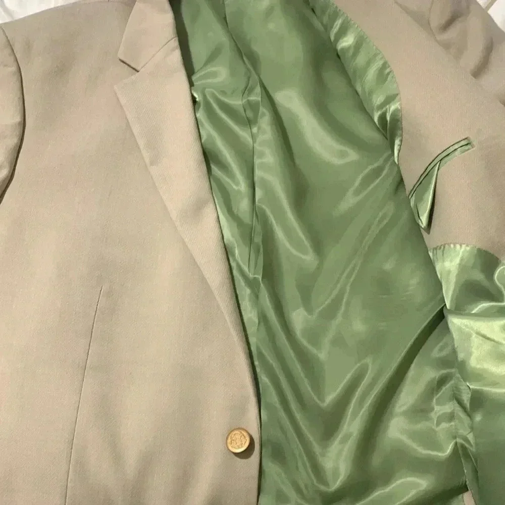 Alan Flusser Mens Tan Two Button Blazer Sport Coat Jacket 44R Gold Crest Buttons